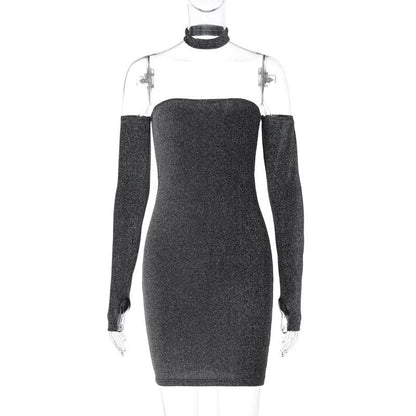 Strapless Glitter Tube Detached Sleeve Thumbhole Choker Mini Dress Set