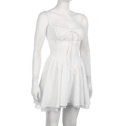 Lace Trim Square Neck Zip Up Ruched Backless Mini Dress