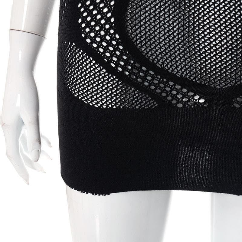 Fishnet Pattern High Neck Sleeveless Hollow Out Bodycon Mini Dress