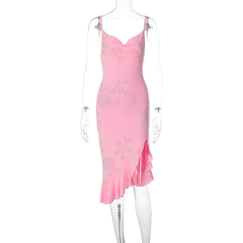 Cowl Neck Spaghetti Strap Rhinestone Butterfly Side Slit Midi Dress