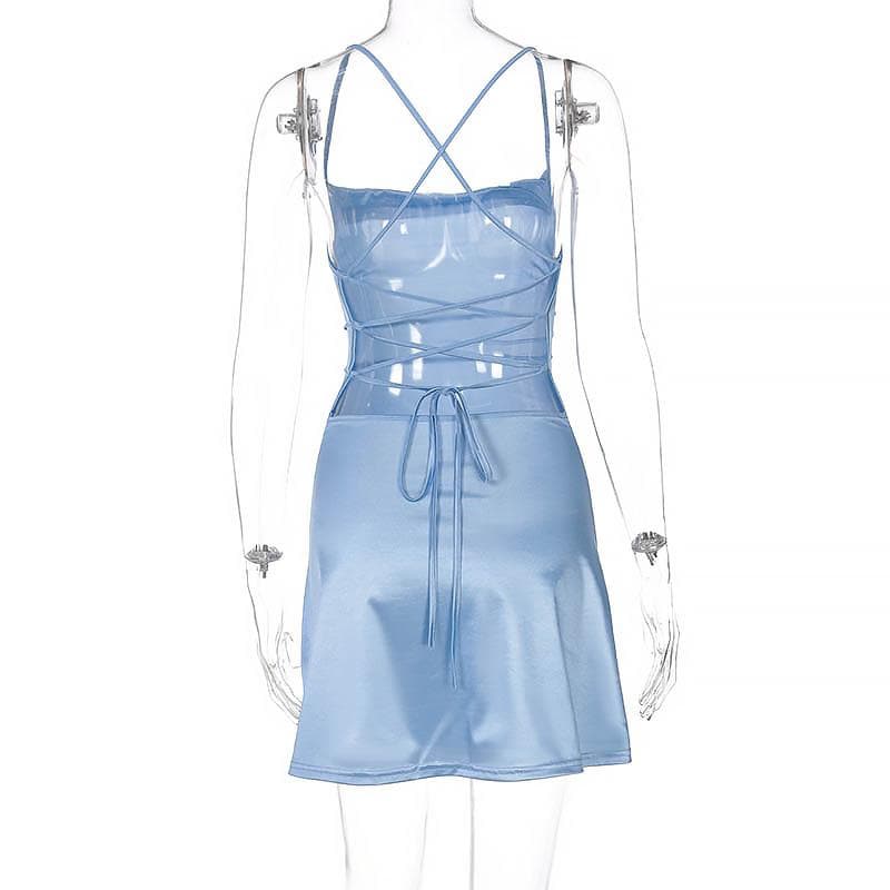 Satin Cowl Neck Cross Back Ruched Waist Bodycon Mini Dress