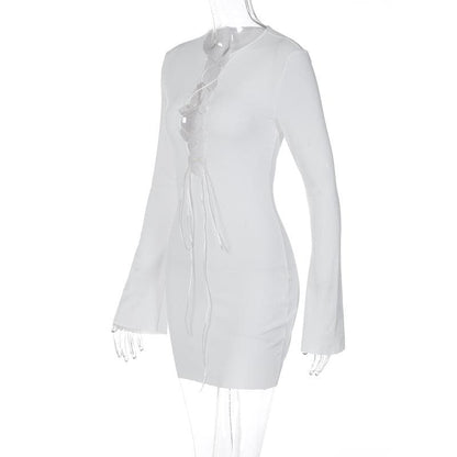 Round Neck Bell Sleeve Ribbed Lace Up Keyhole Chest Mini Dress