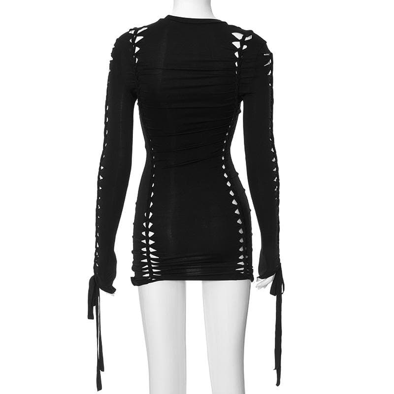 Crew Neck Long Sleeve Ladder Cutout Ruched Tie Hem Mini Dress