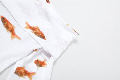 Off Shoulder Foldover Collar Goldfish Print Long Sleeve Bodycon Mini Dress