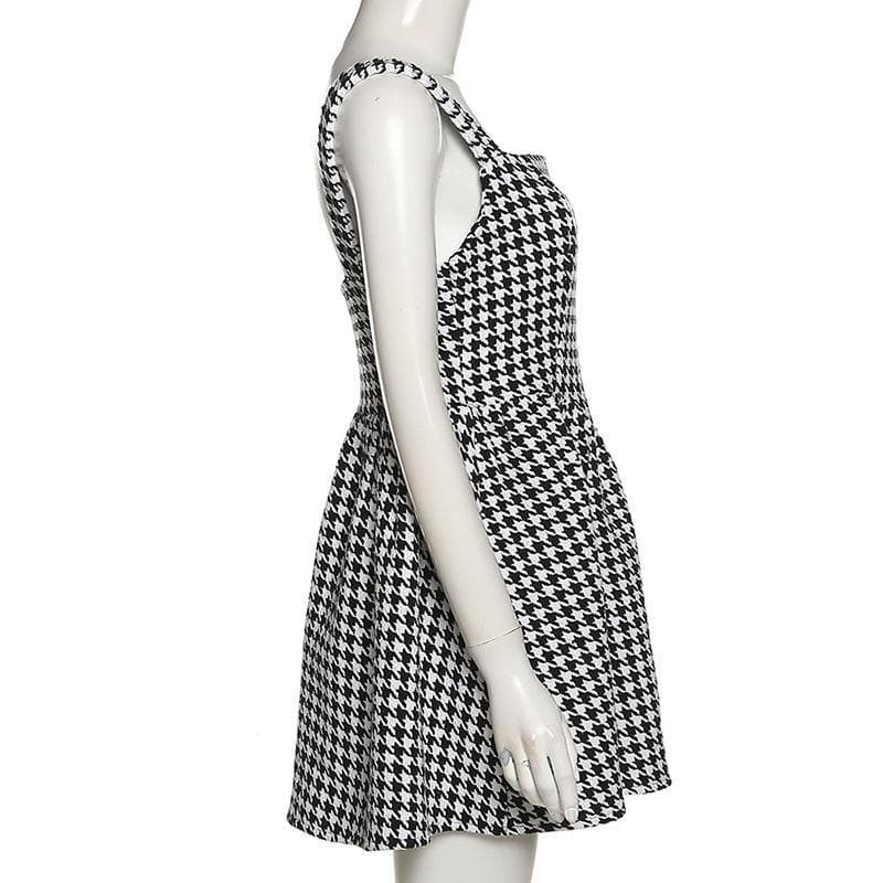 Square Neck Sleeveless Houndstooth Fit and Flare Mini Dress