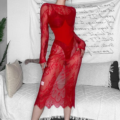 Floral Lace Crew Neck Long Sleeve Sheer Overlay Maxi Dress
