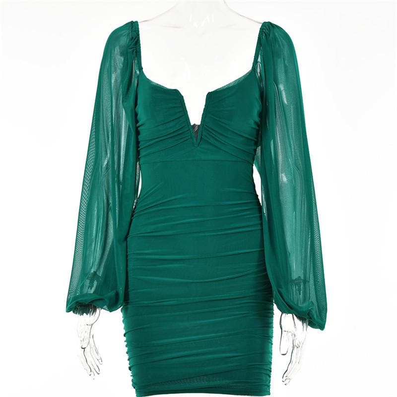 Strapless V-Notch Off Shoulder Puff Sleeve Ruched Mesh Mini Dress