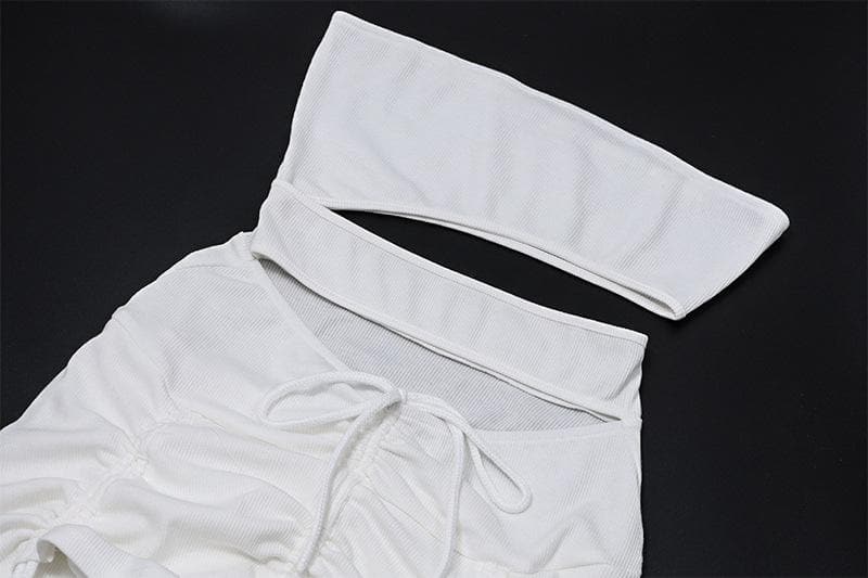 Off Shoulder Cutout Ruched Drawstring One Sleeve Mini Skirt Set