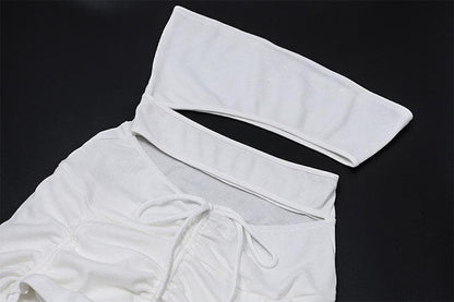 Off Shoulder Cutout Ruched Drawstring One Sleeve Mini Skirt Set