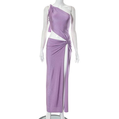 One Shoulder Knotted Waist Side Cutout Ruched High Slit Floor Length Maxi Dress