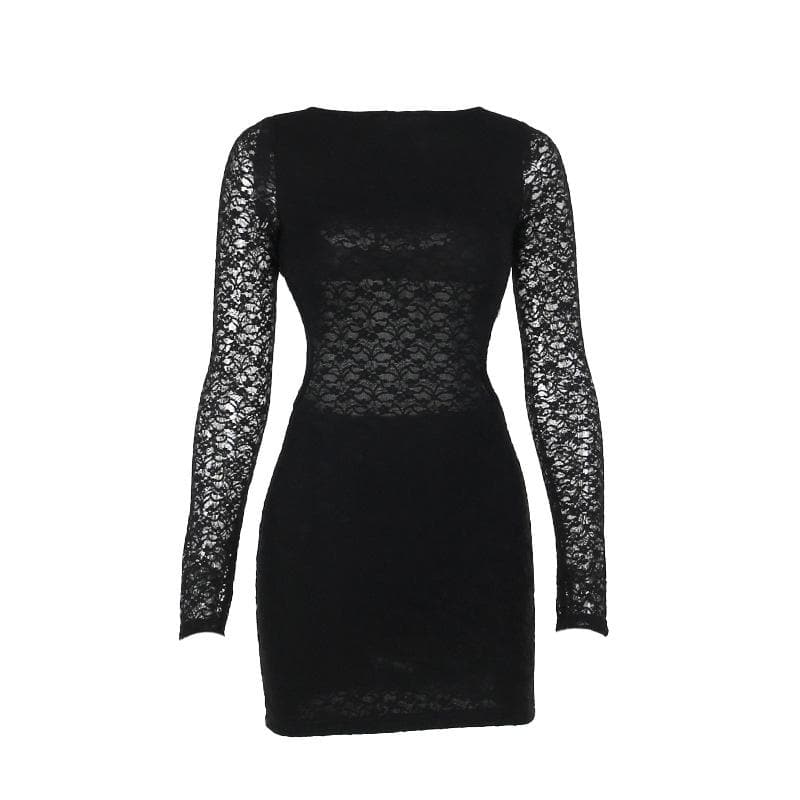 Boat Neck Floral Lace Long Sleeve Sheer Midriff Bodycon Mini Dress