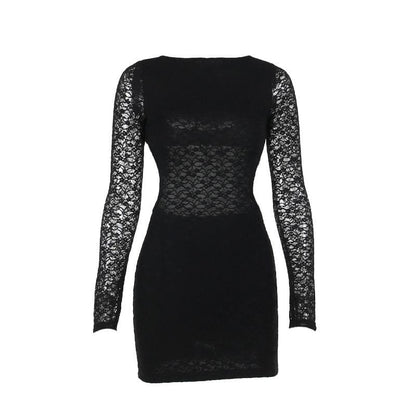 Boat Neck Floral Lace Long Sleeve Sheer Midriff Bodycon Mini Dress