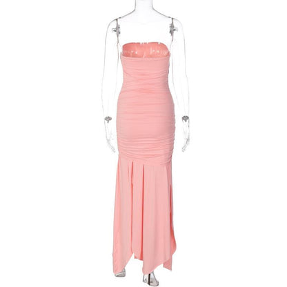 Strapless Ruched Bodice Layered High Slit Flowing Maxi Dress