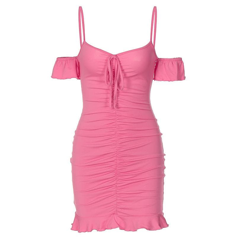 Sweetheart Tie Front Ruched Cold Shoulder Ruffle Mini Dress