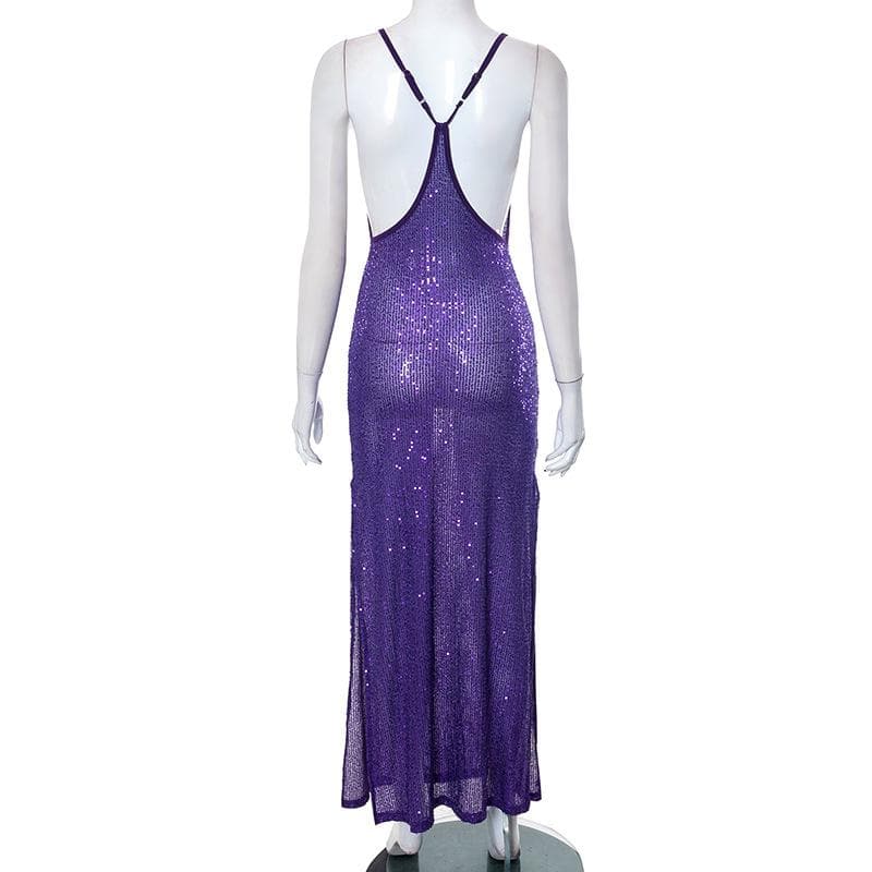 Sequin Spaghetti Strap Low Open Back Bodycon Maxi Dress