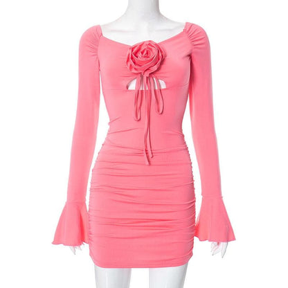 Off-Shoulder Rosette Applique Bell Cuff Ruched Bodycon Mini Dress