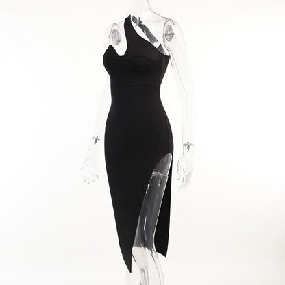 Asymmetric One Shoulder Sweetheart Bustier Side Slit Bodycon Midi Dress