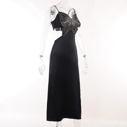 Rhinestone Butterfly Motif Spaghetti Strap Waist Cutout Satin Maxi Dress