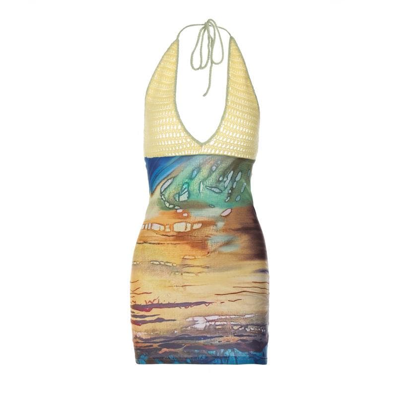 Crochet Halter Plunging Neck Abstract Landscape Print Mini Dress
