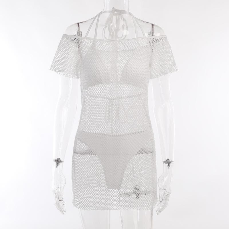 Off Shoulder Halter Tie Fishnet Mesh Bikini Cover Up Mini Dress