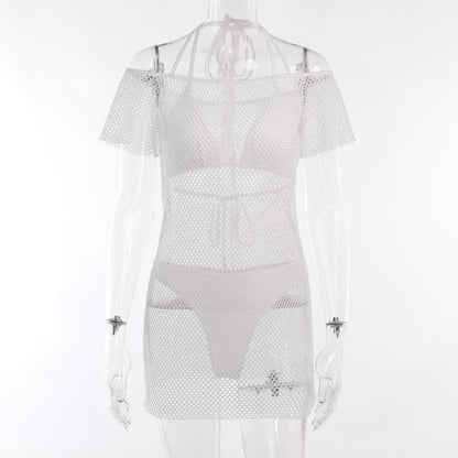 Off Shoulder Halter Tie Fishnet Mesh Bikini Cover Up Mini Dress