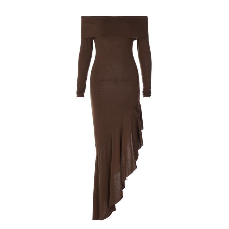 Off Shoulder Ruffle Hem Asymmetrical Maxi Dress