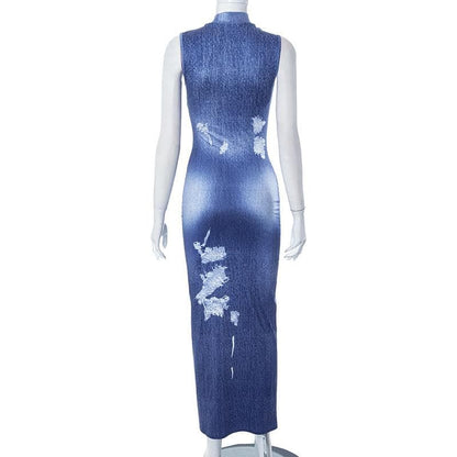 Mock Neck Distressed Faux Denim Print Bodycon Maxi Dress