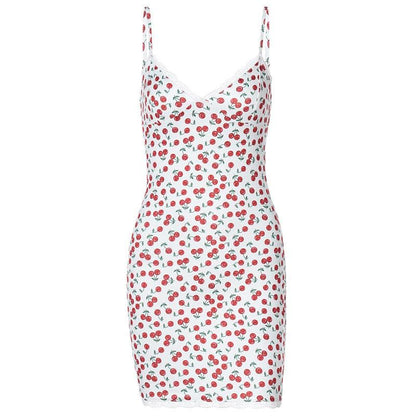Sweetheart Lace Trim Print Spaghetti Strap Bodycon Mini Dress