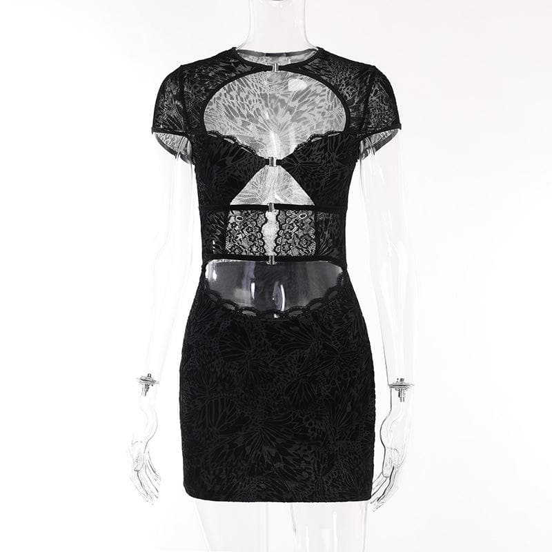 Flocked Butterfly Lace Cutout Buckle Bodycon Mini Dress
