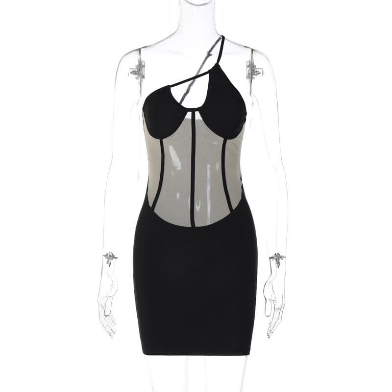 One-Shoulder Corset Mesh Panel Cutout Bodycon Mini Dress