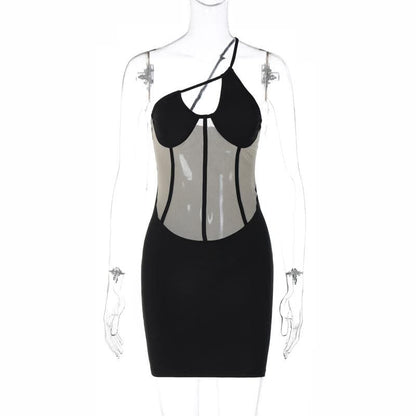 One-Shoulder Corset Mesh Panel Cutout Bodycon Mini Dress
