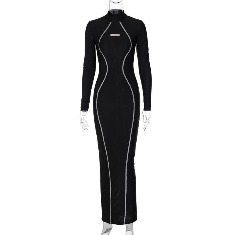 High Neck Long Sleeve Contrast Contour Piping Bodycon Maxi Dress