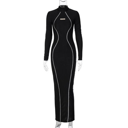High Neck Long Sleeve Contrast Contour Piping Bodycon Maxi Dress