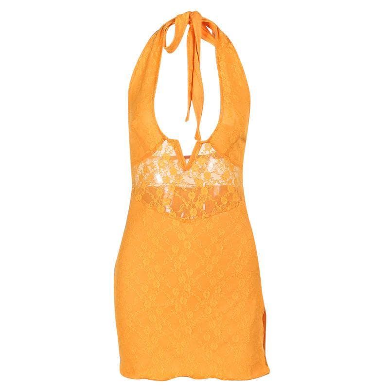 Halter Notch Neck Lace Side Slit Sheer Waist Bodycon Mini Dress