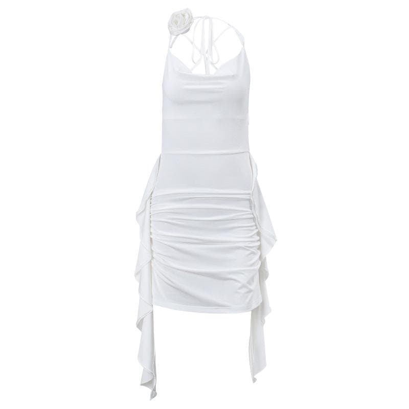 Cowl Neck Spaghetti Strap Ruched Side Drape Flower Choker Mini Dress