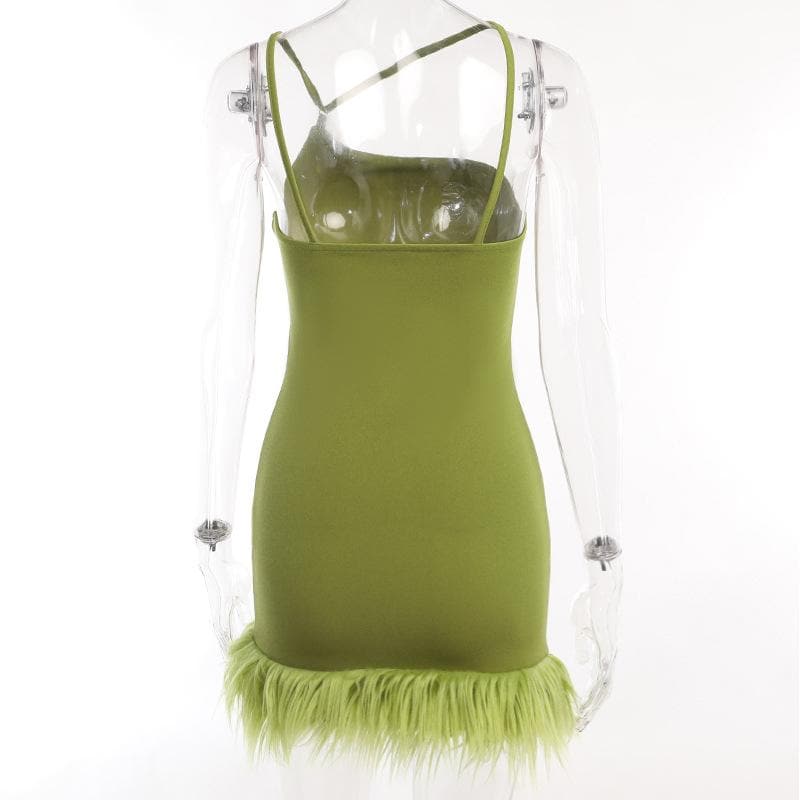 Asymmetric Neck Spaghetti Strap Feather Trim Bodycon Mini Dress