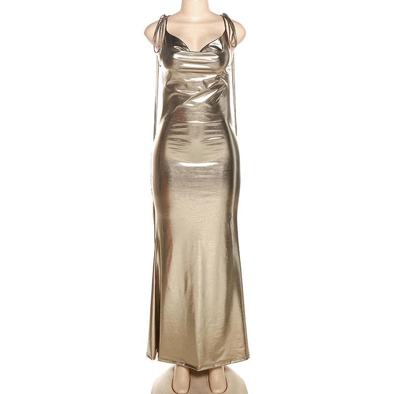 Metallic Cowl Neck Cross Tie Strap Open Back Ruched Bodycon Maxi Dress