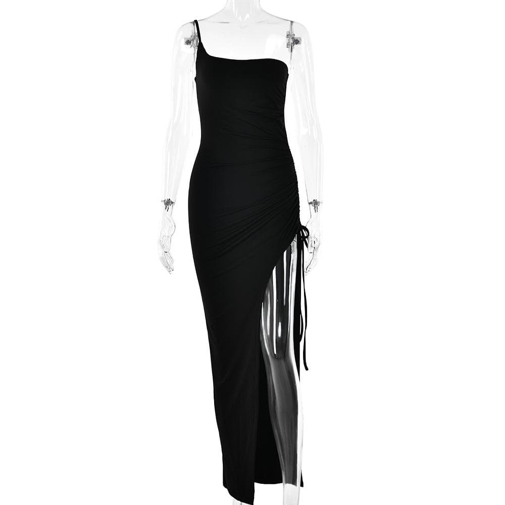 One Shoulder Side Ruched Drawstring High Slit Maxi Dress
