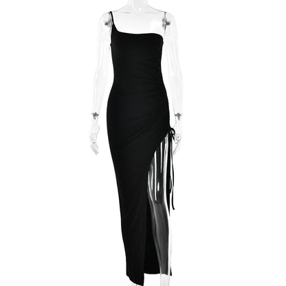 One Shoulder Side Ruched Drawstring High Slit Maxi Dress
