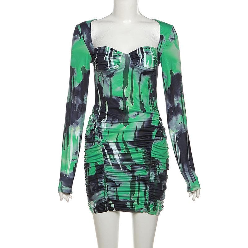 Abstract Print Long Sleeve Square Neck Sweetheart Ruched Bodycon Mini Dress