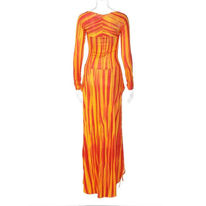 Wavy Stripe Panel Detail Square Neck Long Sleeve Maxi Dress