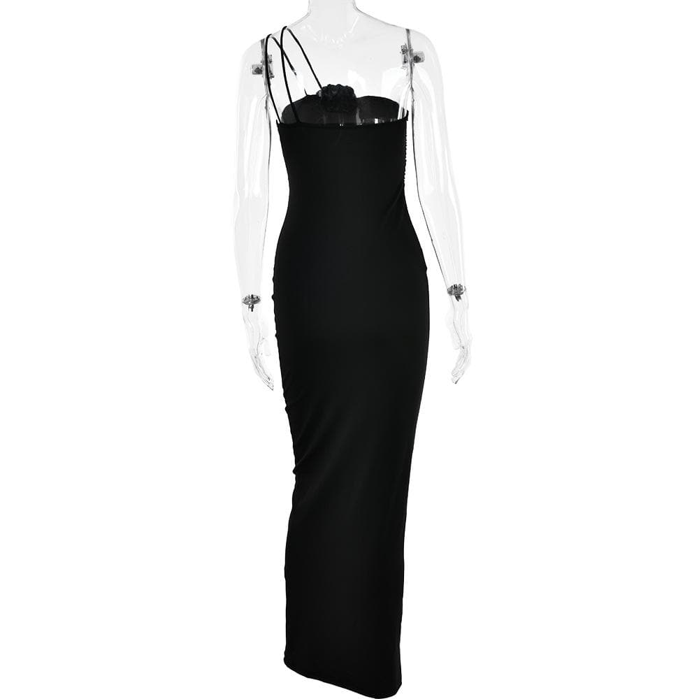 One Shoulder Flower Applique Ruched Zip Maxi Dress