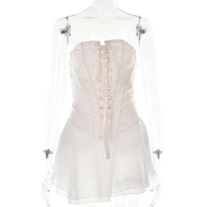 Strapless Lace-Up Corset Organza Ruffle Skater Mini Dress