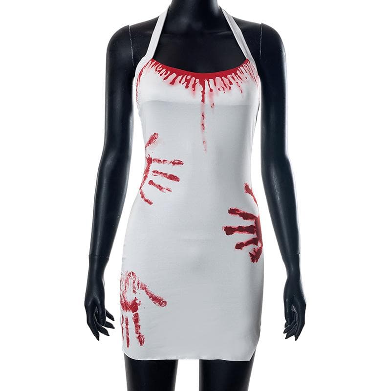 Halter Bloody Handprint Graphic Bodycon Mini Dress