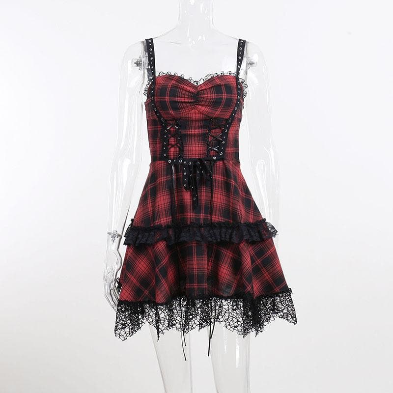 Plaid Corset Lace Up Grommet Tiered Lace Hem Mini Dress
