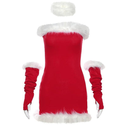 Strapless Faux Fur Trim Rib Knit Detached Sleeve Tube Mini Dress
