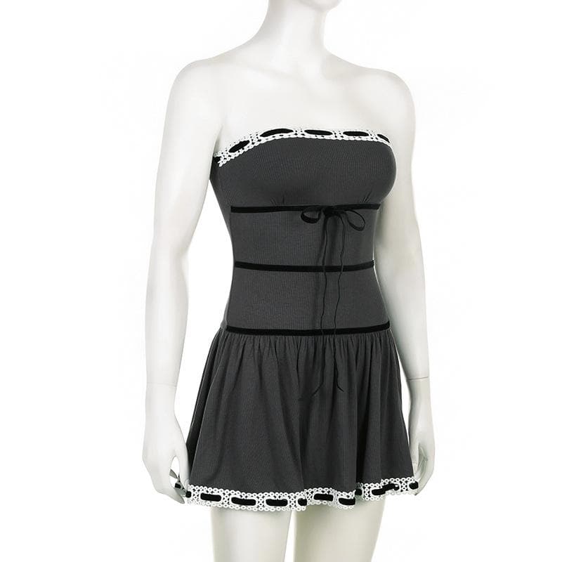 Strapless Velvet Band Bow Eyelet Lace Trim Drop Waist Tube Mini Dress