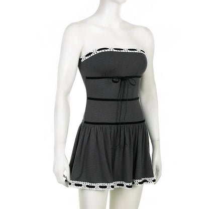 Strapless Velvet Band Bow Eyelet Lace Trim Drop Waist Tube Mini Dress