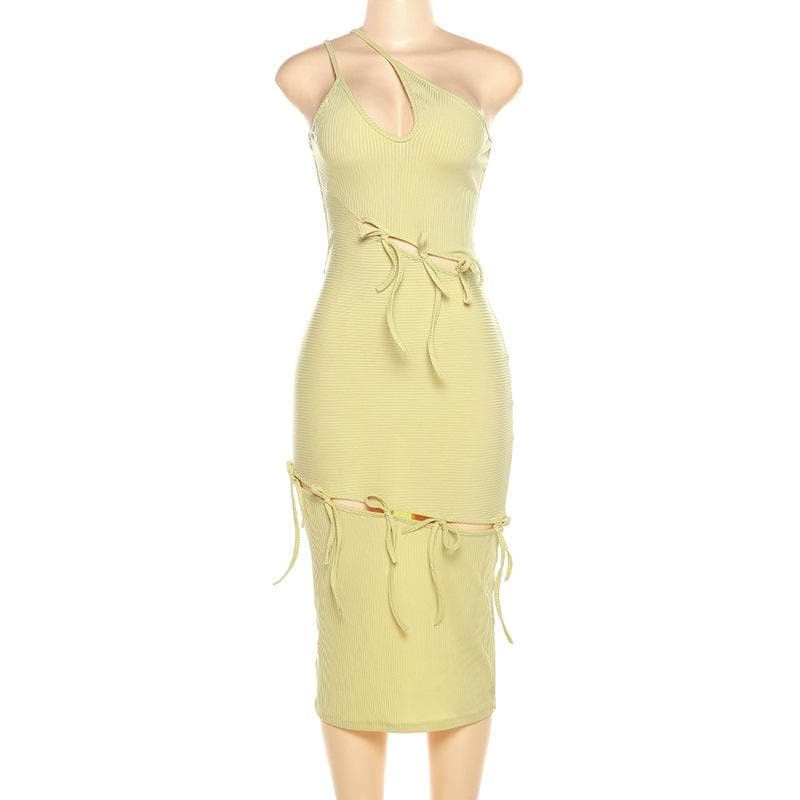 Ribbed One Shoulder Cutout Self Tie Bow Detail Midi Dress