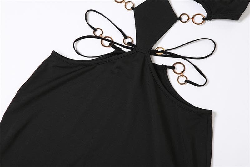 Plunging V-Neck Spaghetti Strap Midriff Ring Cutout Ribbed Maxi Dress